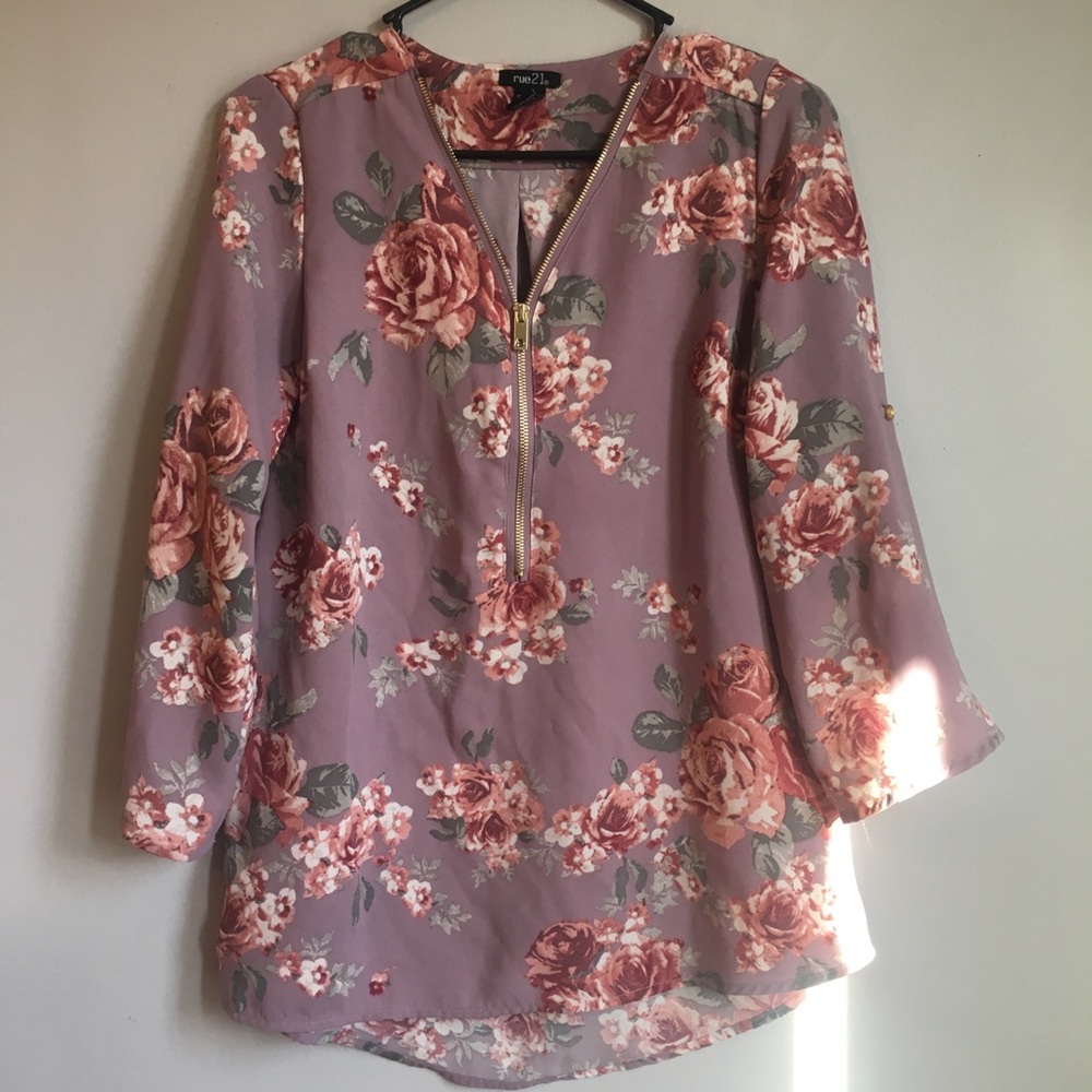 Rue21 Double Lined Sheer Floral Zipper Blouse